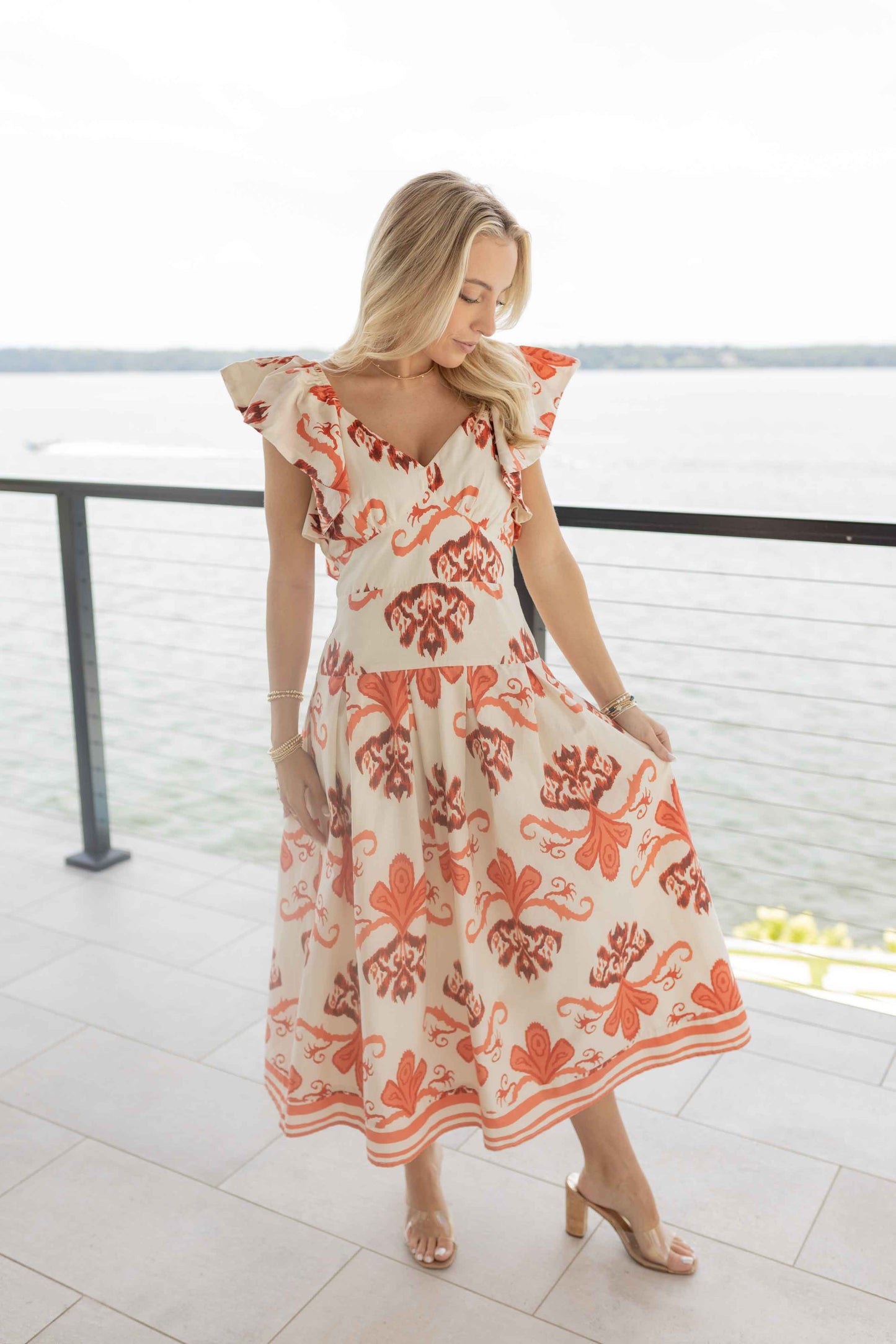 Rosa Flutter Sleeve Midi Dress - Coral