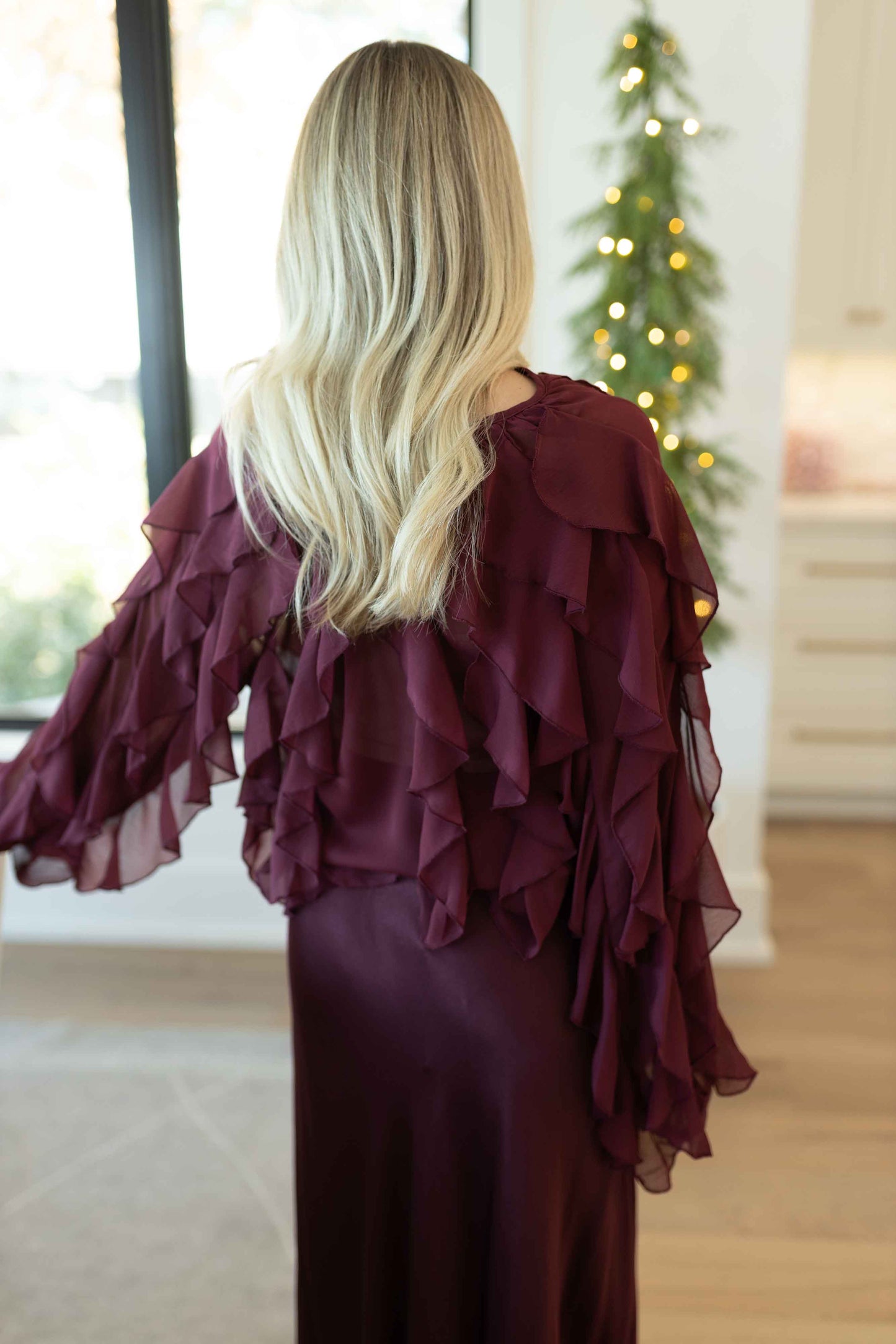 Kate Maroon V-Neck Ruffle