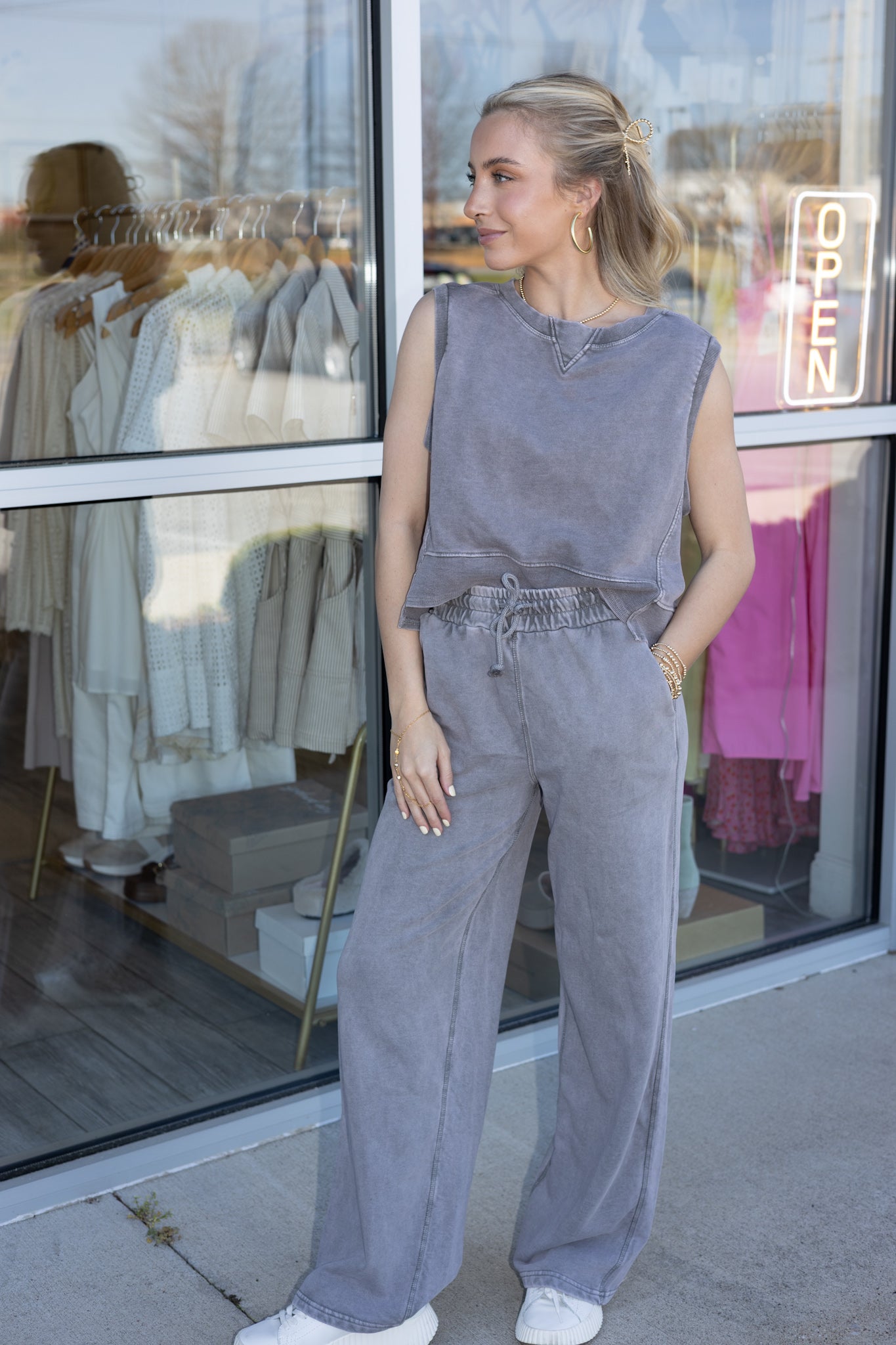 Mineral Wash Sleeveless Top & Pant Set - Charcoal