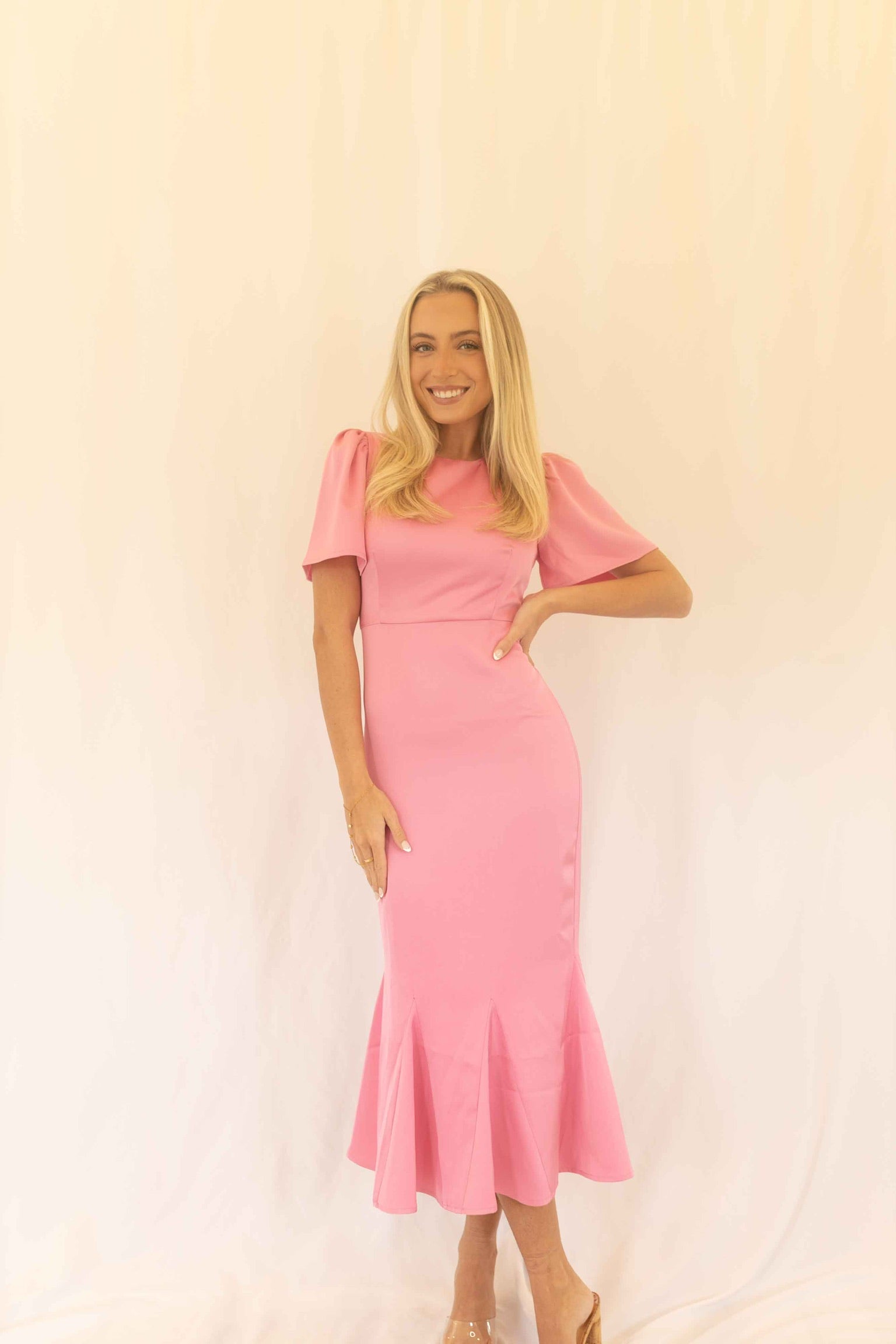pink mermaid midi dress Stella Floral Lace Embroidery Mermaid Midi Dress
