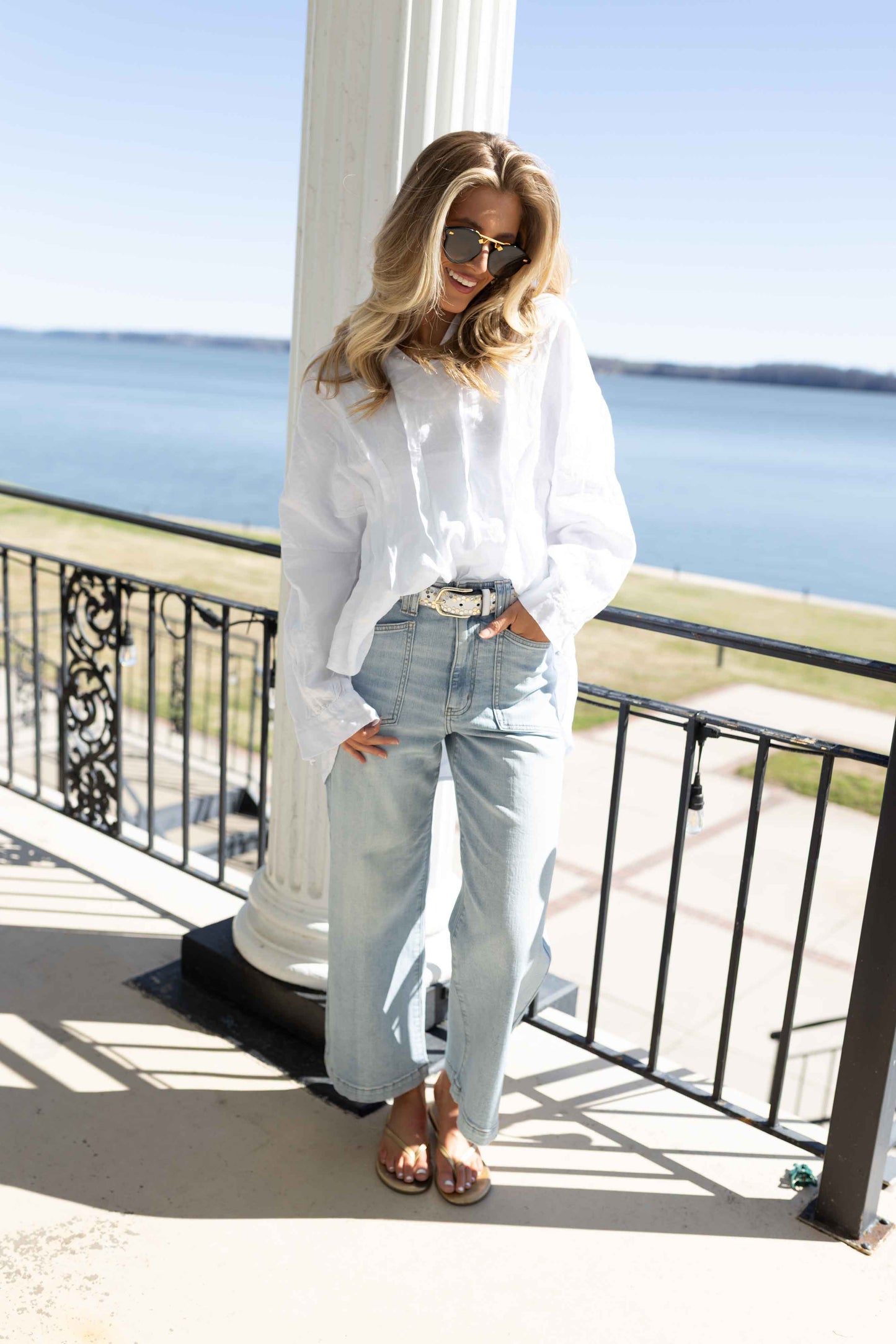MM - Pleated Linen Collar Top - White