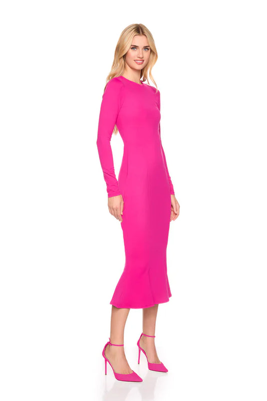 SM - Crew Trumpet Long Sleeve Midi Dress - Peony