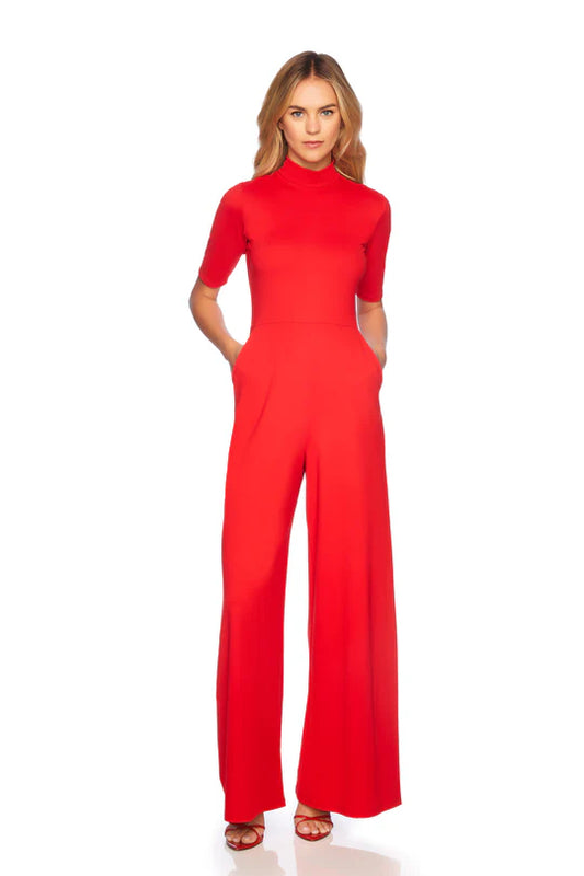 SM - Mock Neck Short Sleeve Jumpsuit - Red