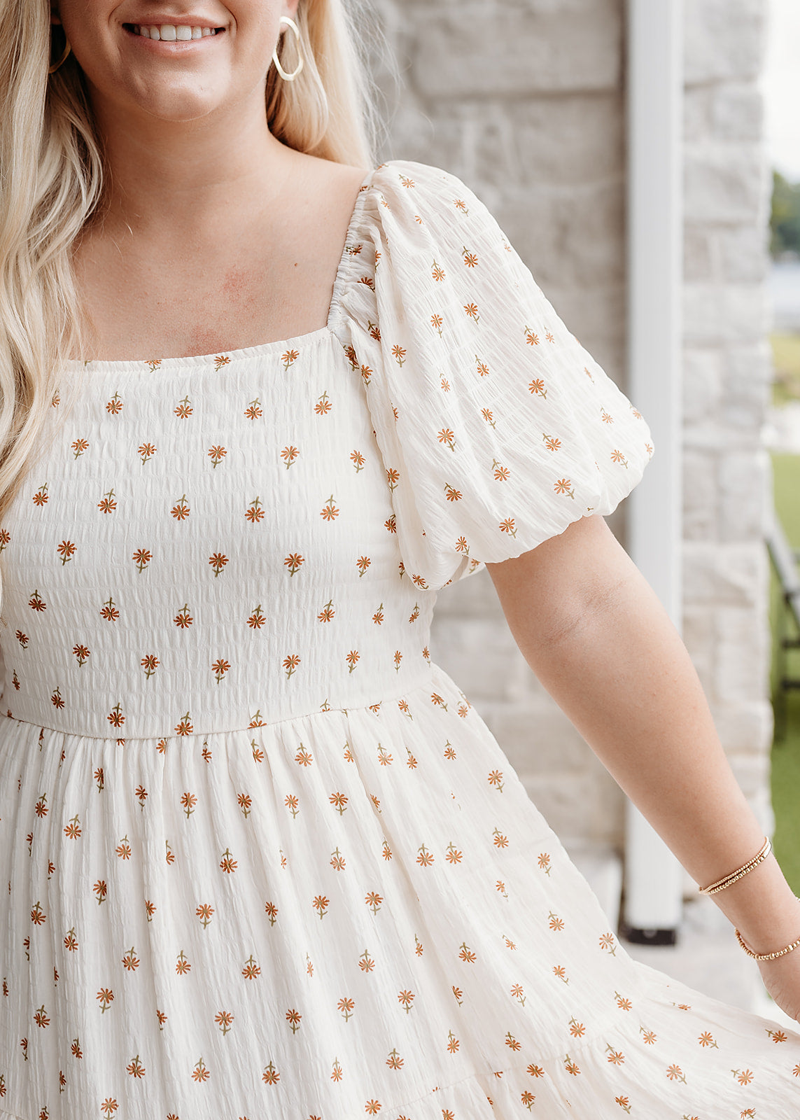 Field of Flowers Puff Sleeve Dress - Cream/Rust