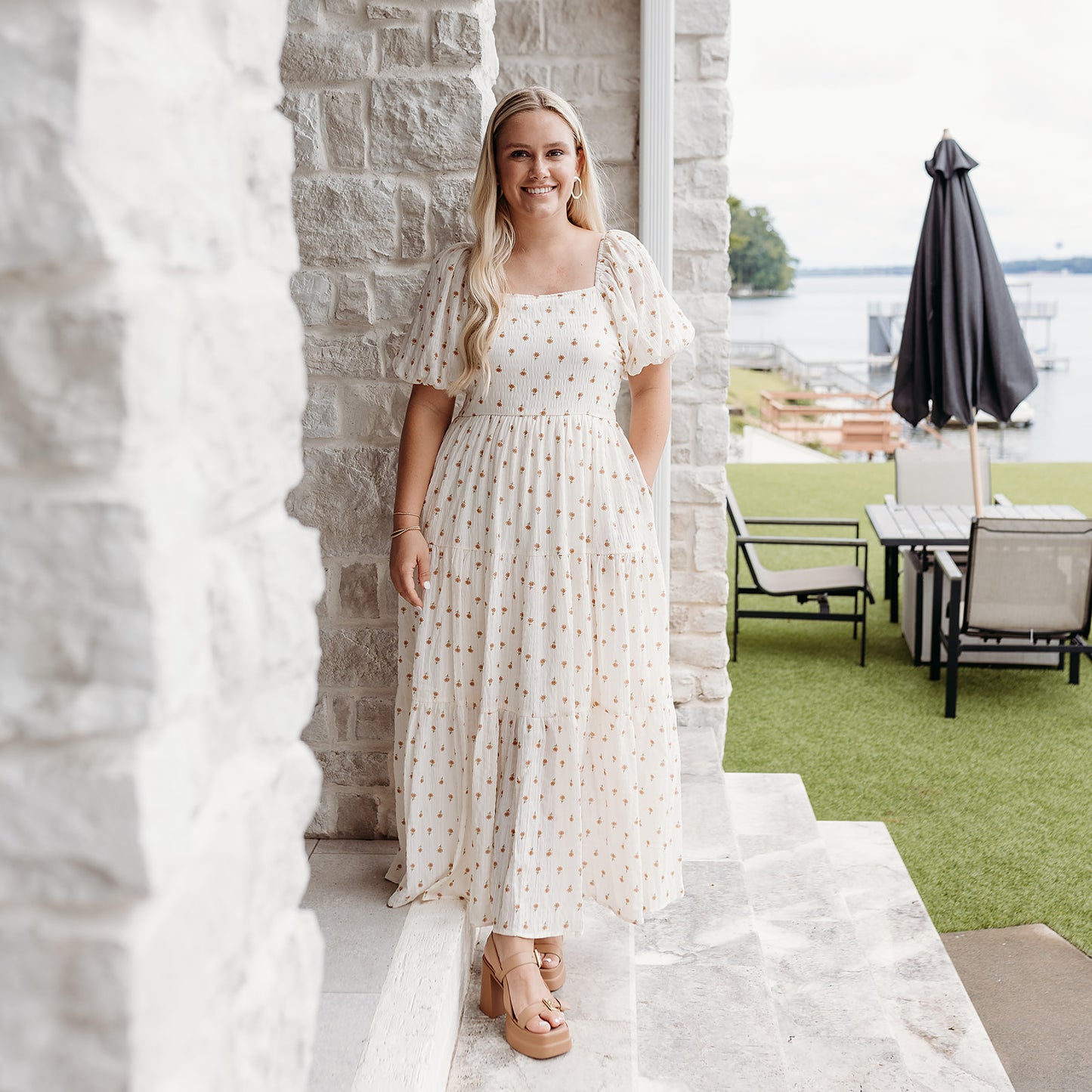 Field of Flowers Puff Sleeve Dress - Cream/Rust