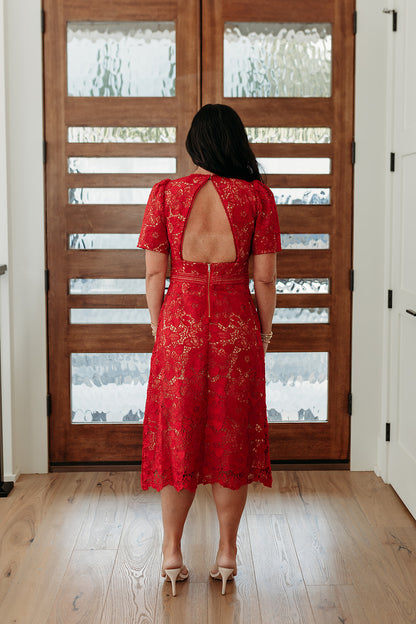 Rhana Open Back Lace Midi Dress - Red Rose