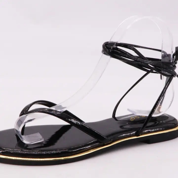 Lace Up Sandals - Black Gloss