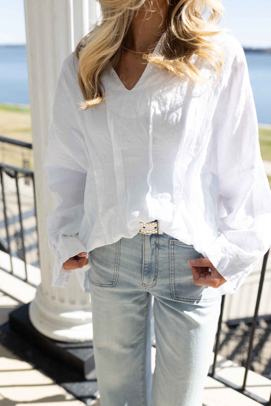 MM - Pleated Linen Collar Top - White