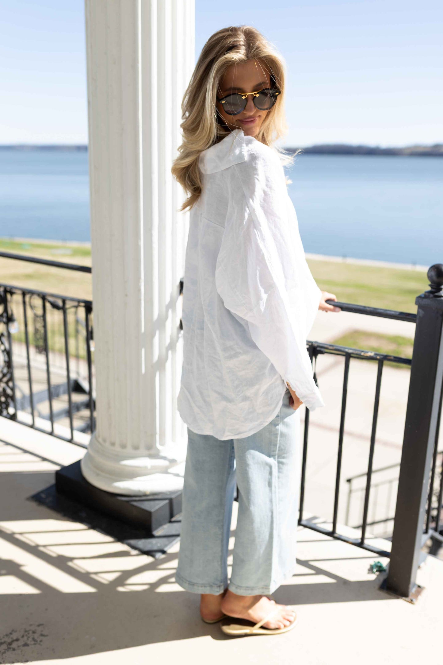 MM - Pleated Linen Collar Top - White