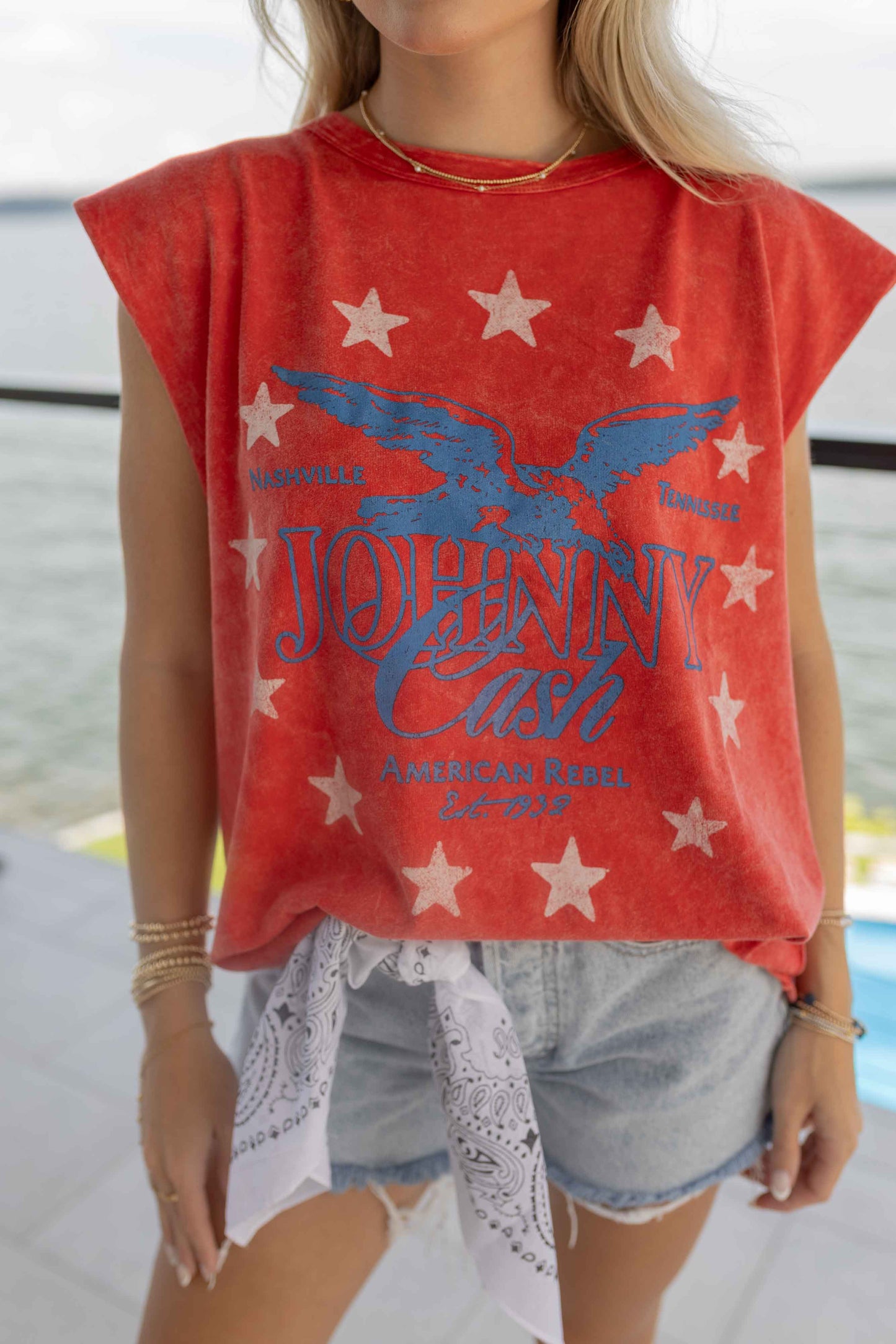 Johnny Cash Muscle Tank - Red Acid Wash