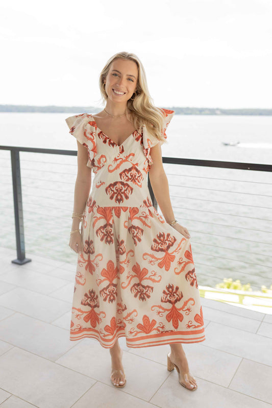 Rosa Flutter Sleeve Midi Dress - Coral