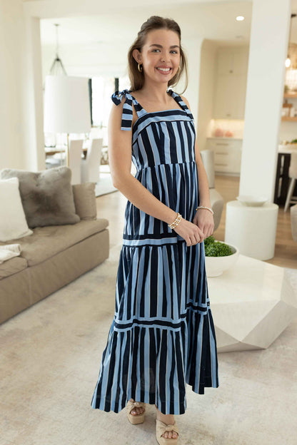 Irene Striped Tiered Maxi Dress - Navy Blue