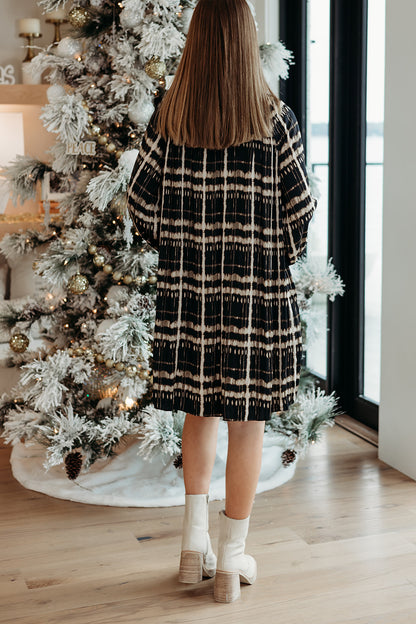 Pleated Print Mini Dress - Black