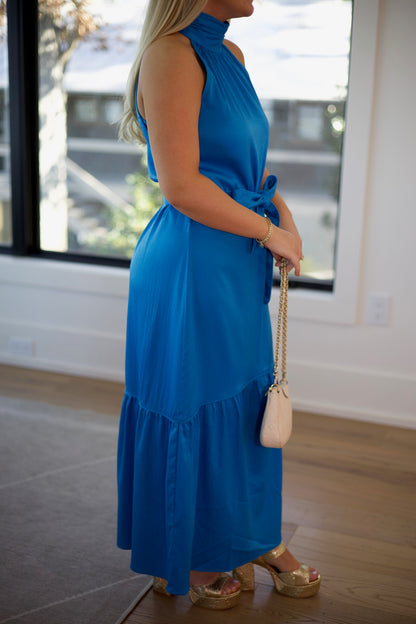 Melia Halter Textured Midi Dress - Blue