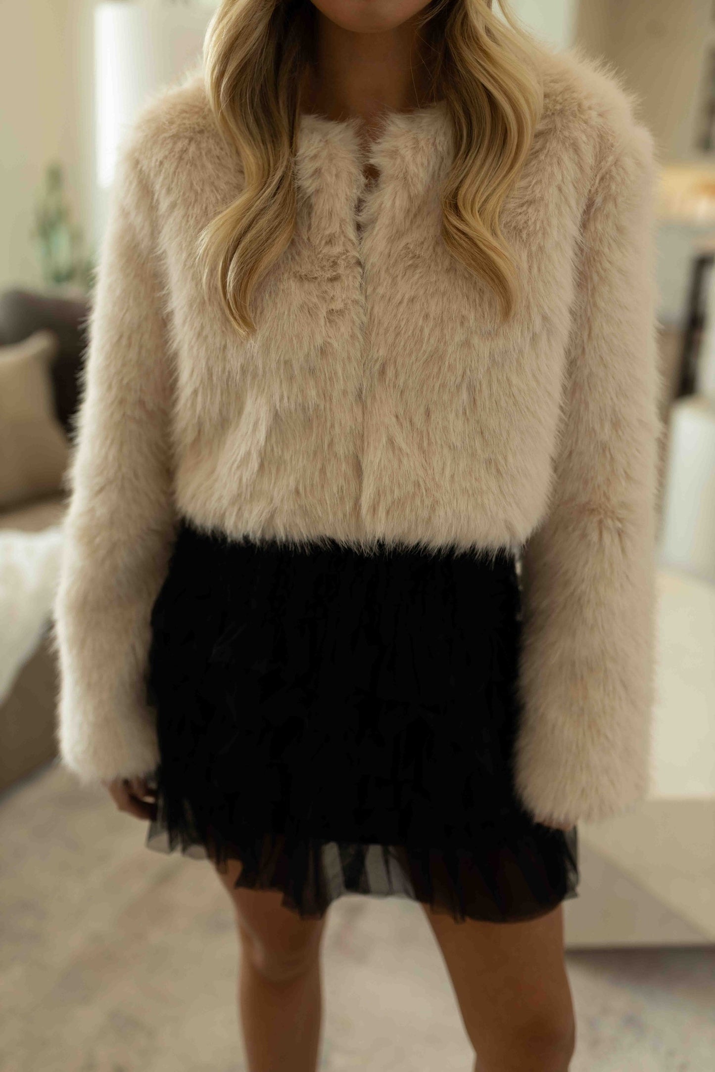 Clara Cropped Faux Fur Jacket - Cream