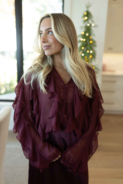 Kate Maroon V-Neck Ruffle