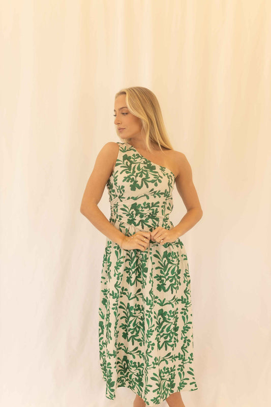 Rosana Textured Midi Dress - Cream/Green