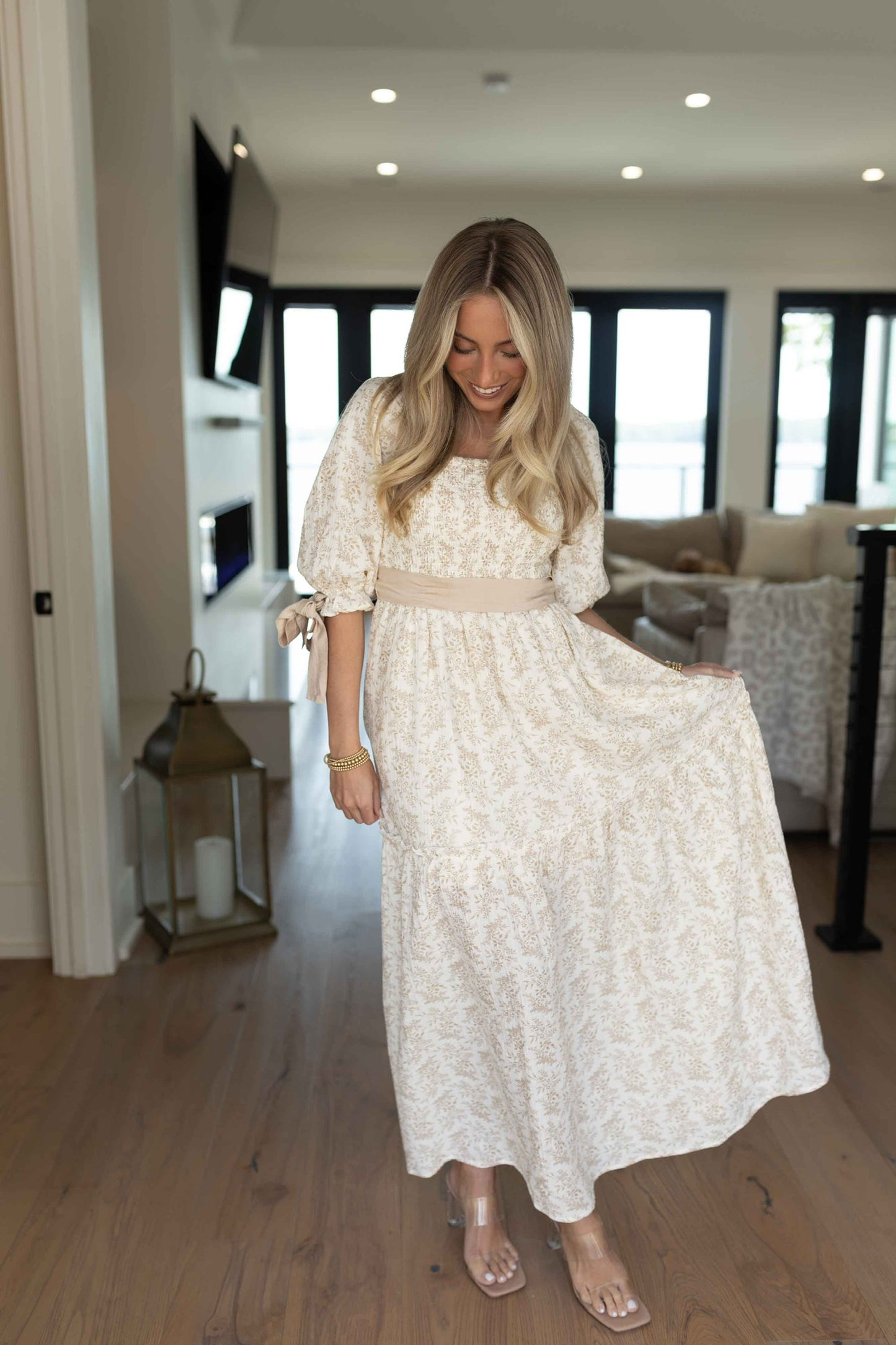 Joanna Floral Ribbon Maxi Dress - Light Taupe