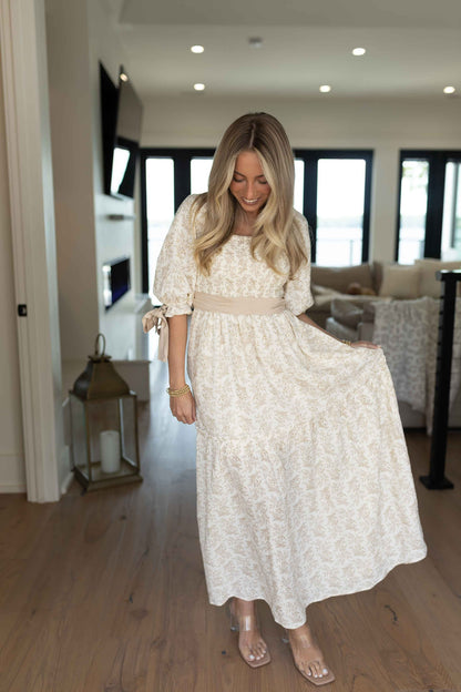 Joanna Floral Ribbon Maxi Dress - Light Taupe