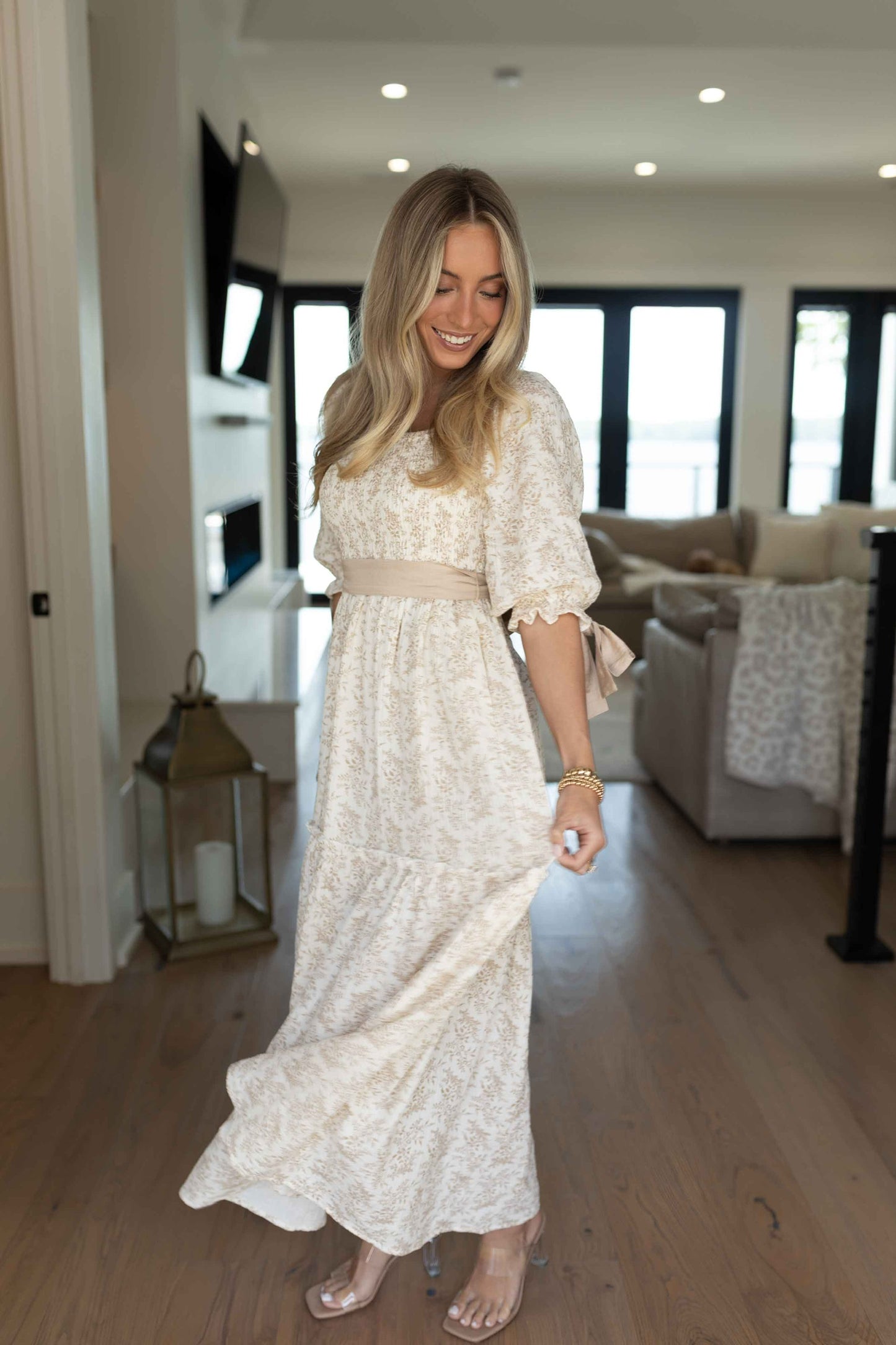 Joanna Floral Ribbon Maxi Dress - Light Taupe