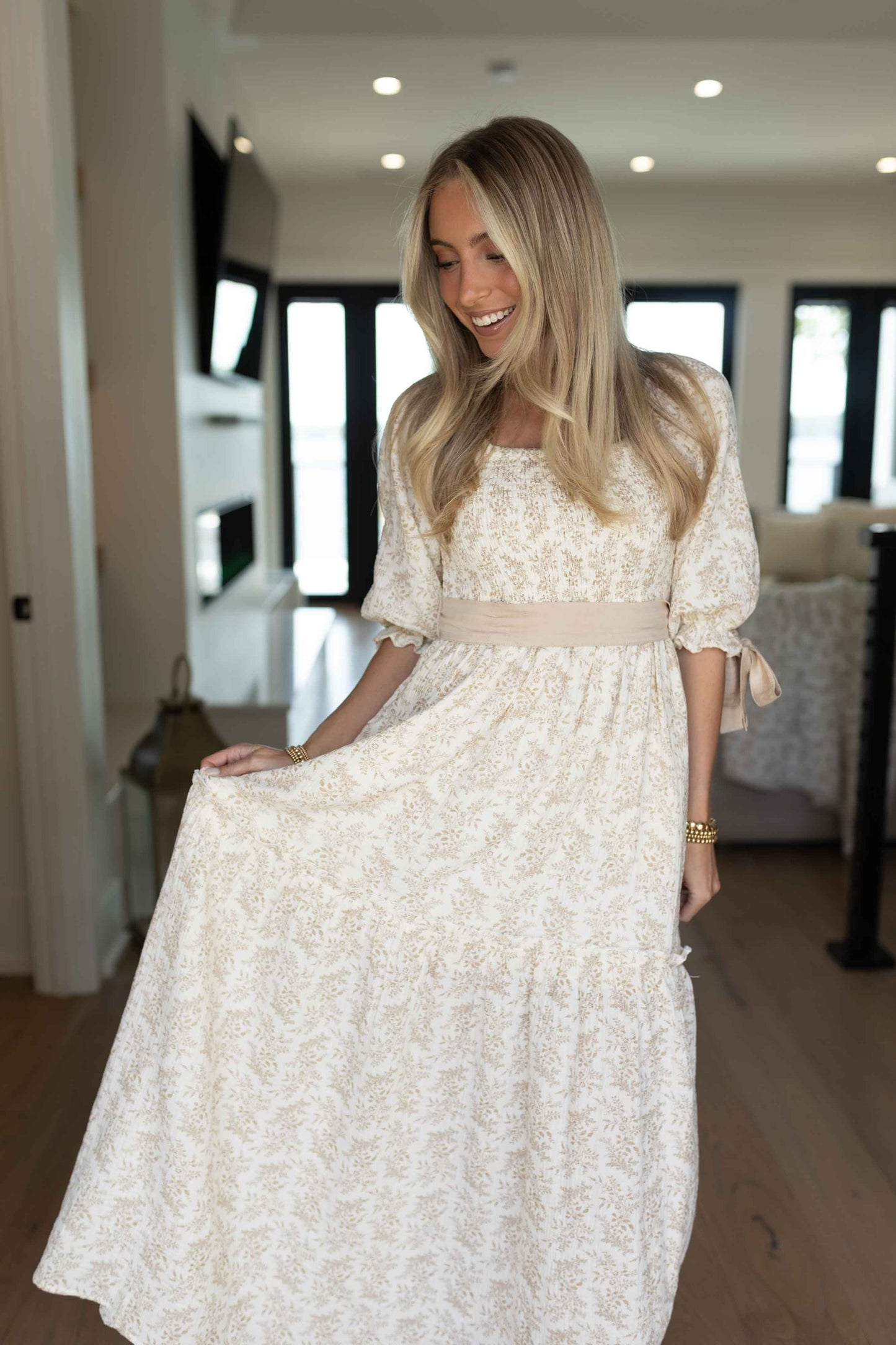 Joanna Floral Ribbon Maxi Dress - Light Taupe