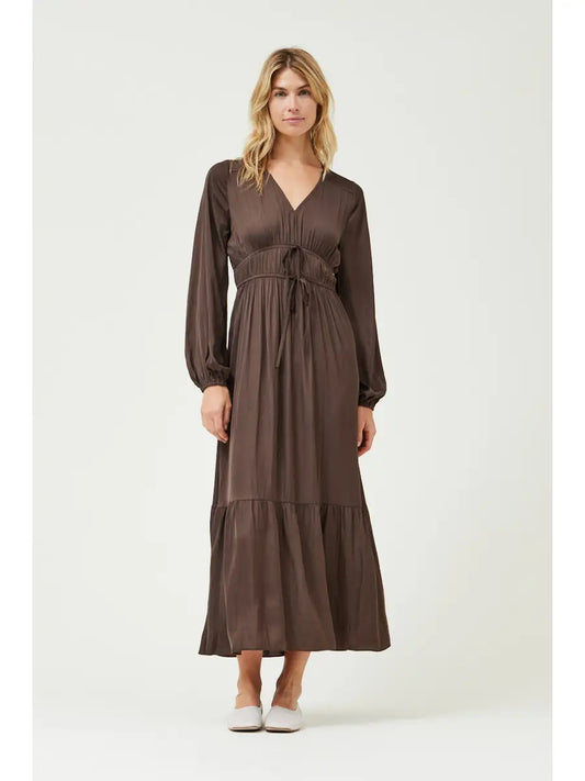 Abigail Tiered Satin Maxi Dress - Dark Roast