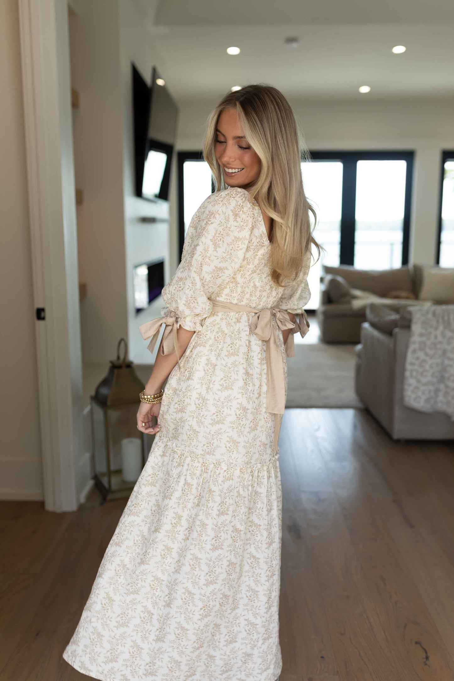 Joanna Floral Ribbon Maxi Dress - Light Taupe