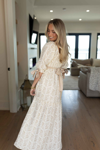 Joanna Floral Ribbon Maxi Dress - Light Taupe