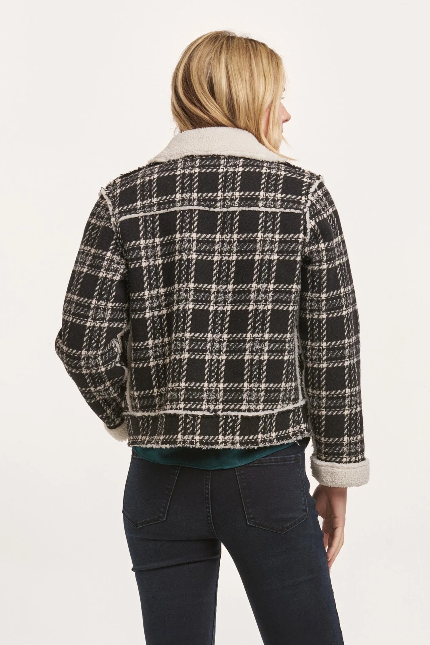 Alvie Zipper Front Collared Relaxed Jacket - Black White Plaid