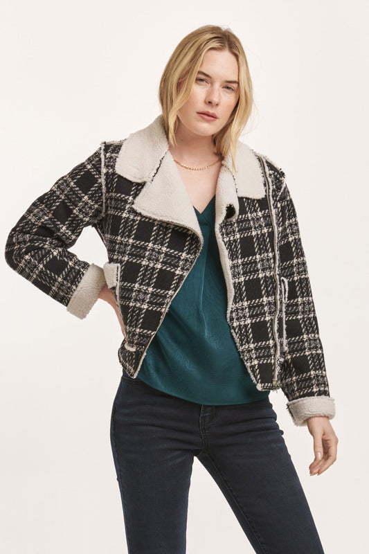 Alvie Zipper Front Collared Relaxed Jacket - Black White Plaid