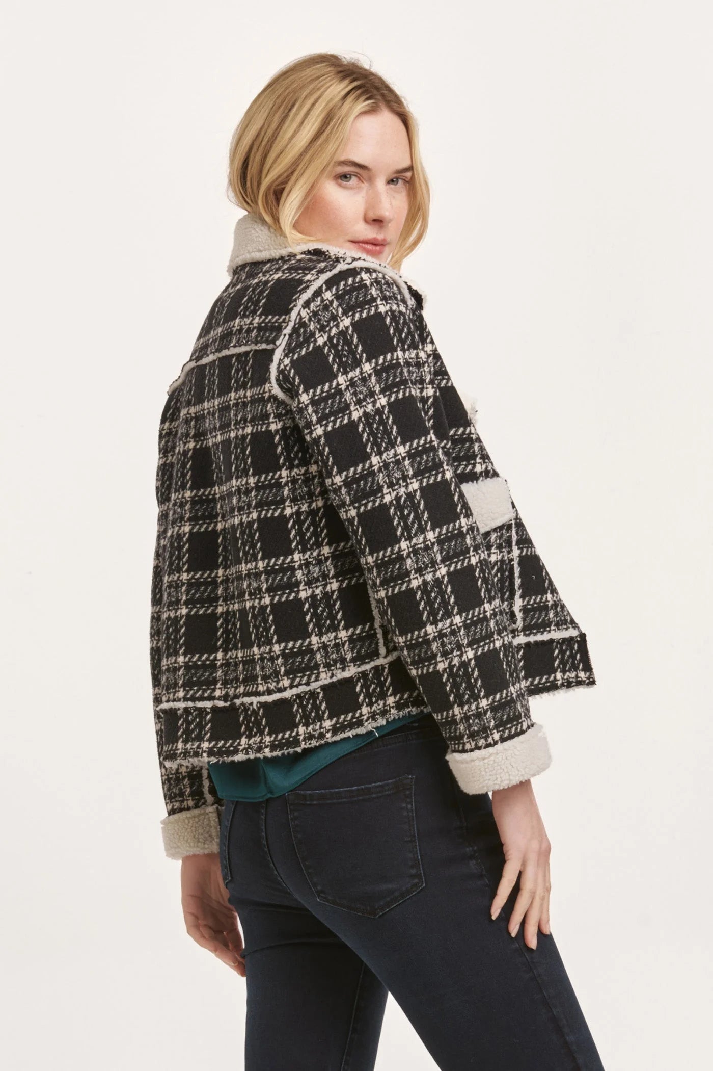 Alvie Zipper Front Collared Relaxed Jacket - Black White Plaid