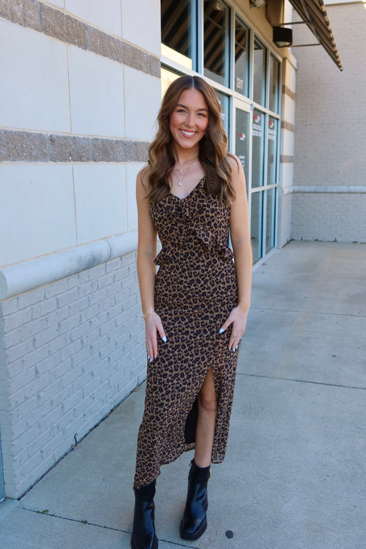 Be Fierce Leopard Tie Strap Maxi Dress