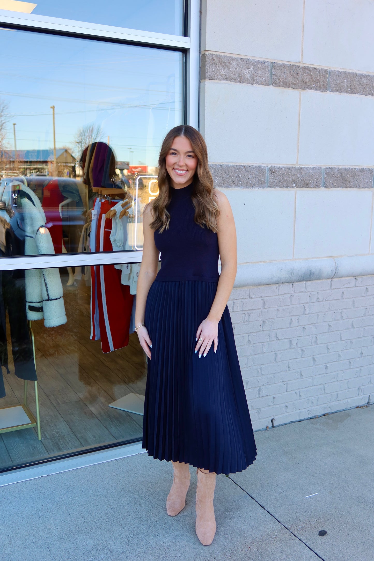 Jenny Pleated Mock Neck Dress - Navy