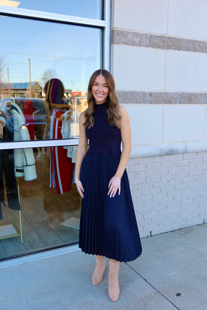 Jenny Pleated Mock Neck Dress - Navy