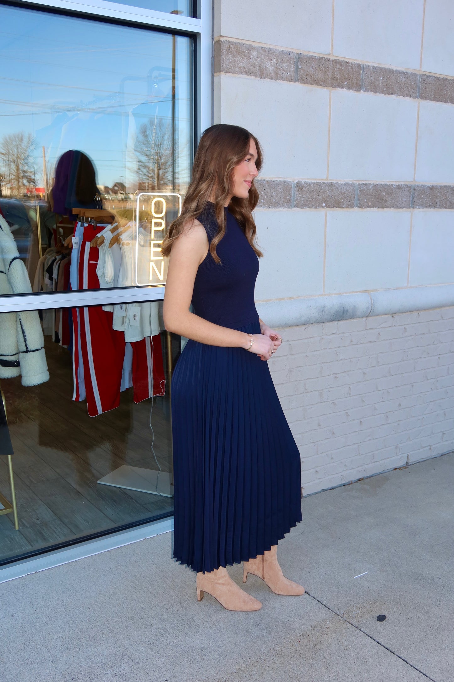 Jenny Pleated Mock Neck Dress - Navy