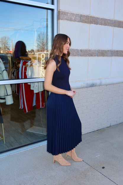 Jenny Pleated Mock Neck Dress - Navy