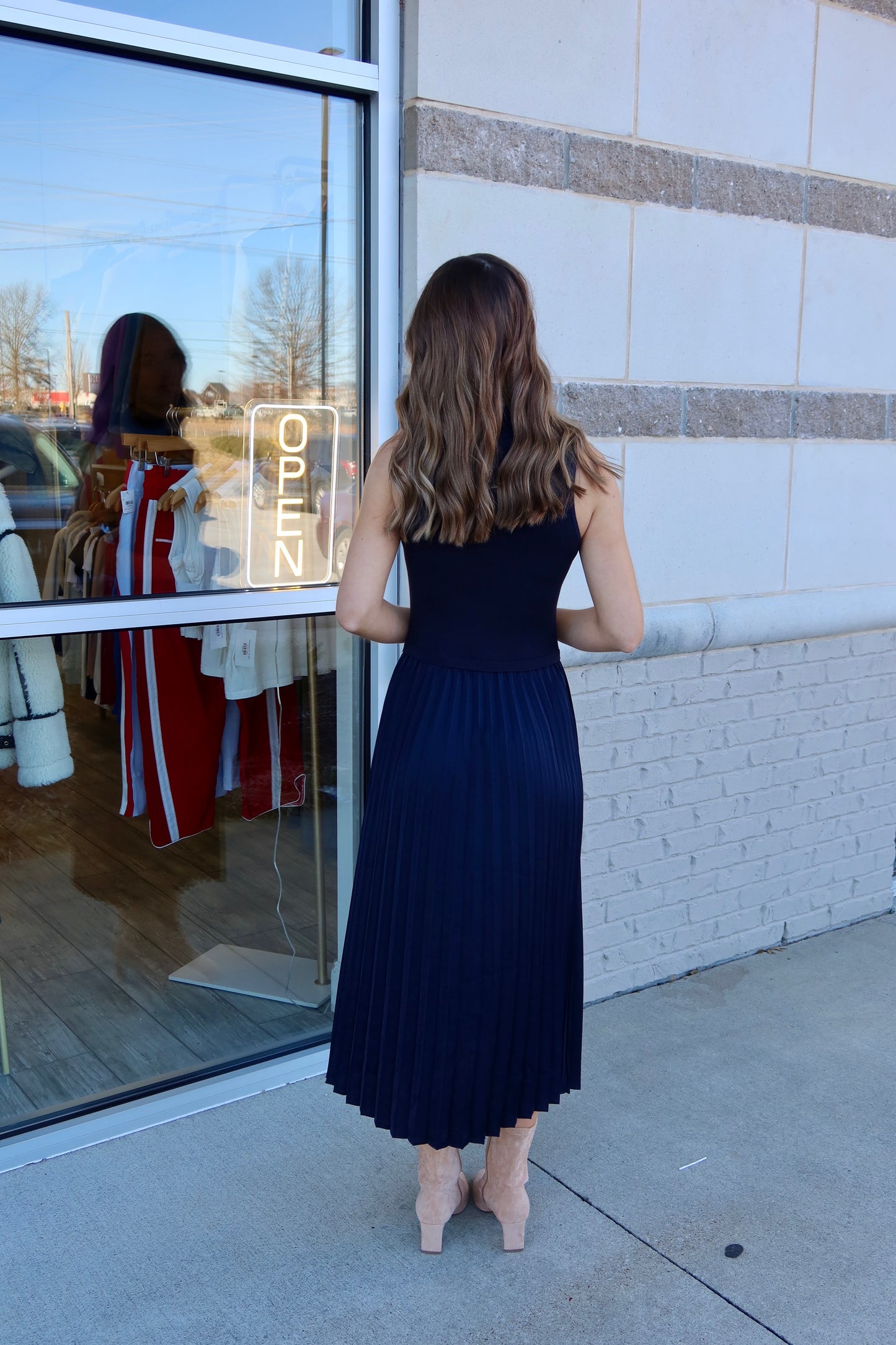 Jenny Pleated Mock Neck Dress - Navy