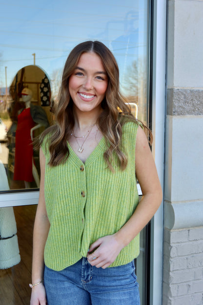 Button Down Ribbed Vest - Green