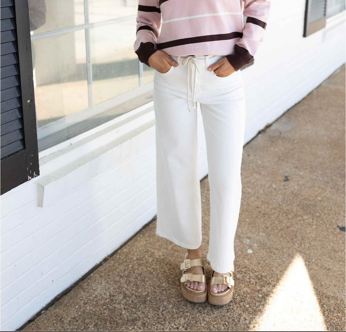 Optic White - High Rise Drawstring WB Crop Wide Leg Jeans